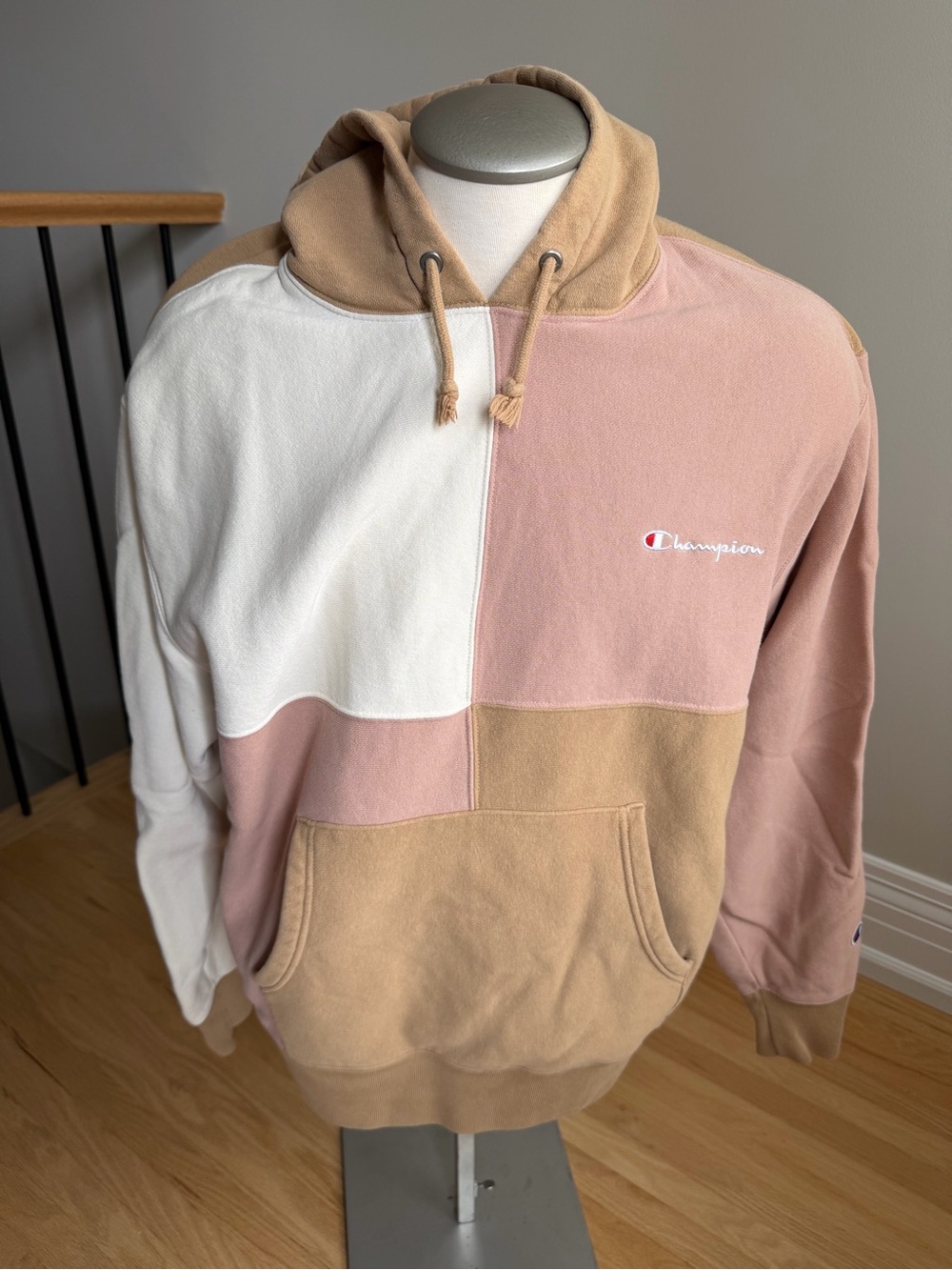 Champion Patchwork Colorblock Hoodie in Pink, Tan & White